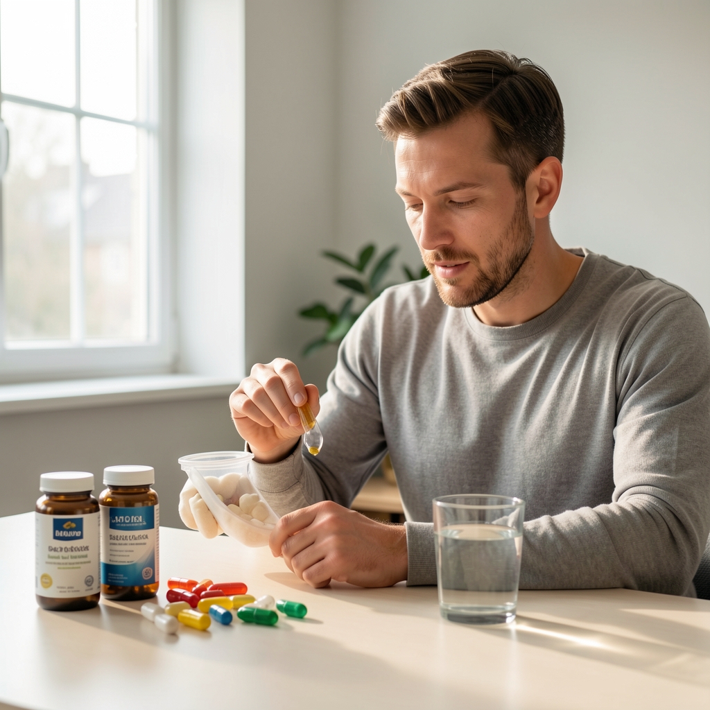 Man preparing morning supplement routine at a clean desk with vitamin containers and a glass of water, soft natural light streaming through a window