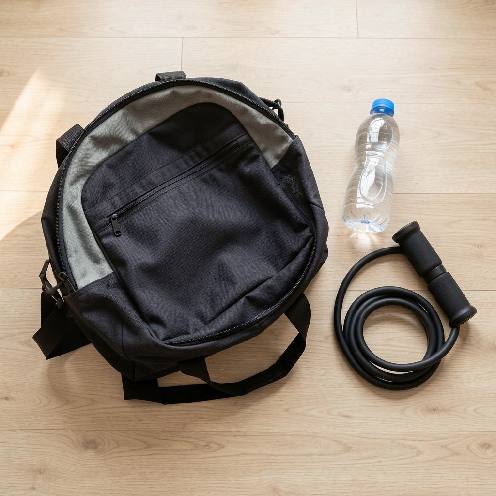 Gym bag and water bottle flat lay on a clean wooden floor, resistance band coiled beside them, editorial composition in natural daylight