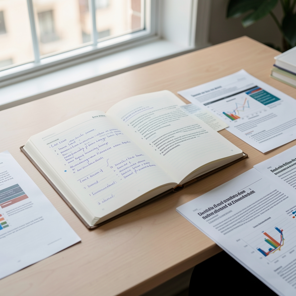 Notebook open on a desk with handwritten notes and supplement labels, editorial composition under controlled studio lighting